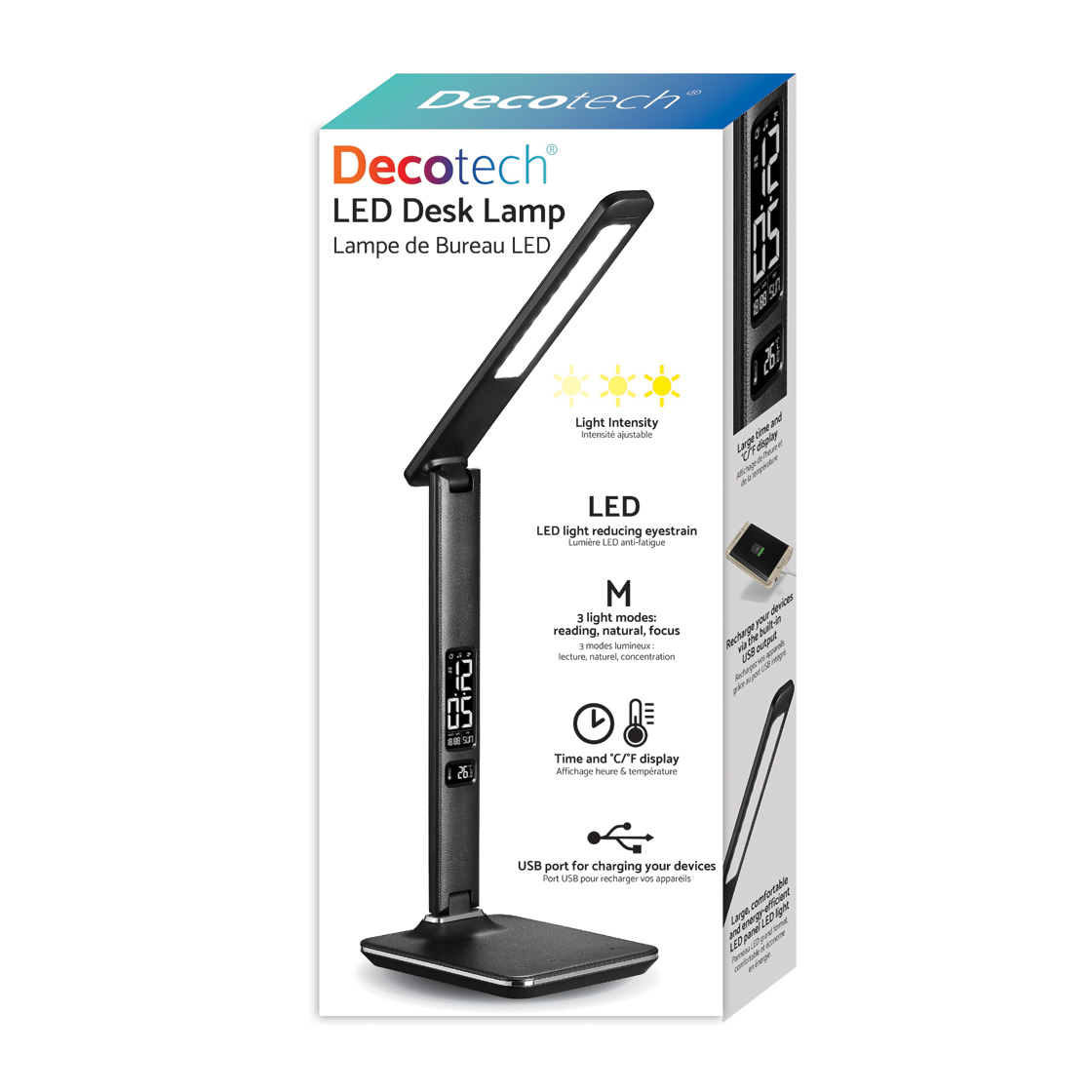 LED desk lamp with time display, foldable, 5 levels and 3 light modes